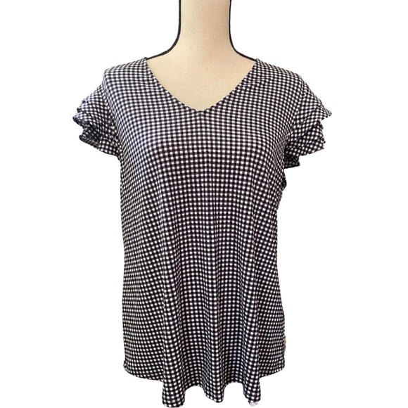 Adrianna Papell Tops - Adrianna Papell Black White Gingham  Ruffle Short sleeve V Neck Blouse Sz Large